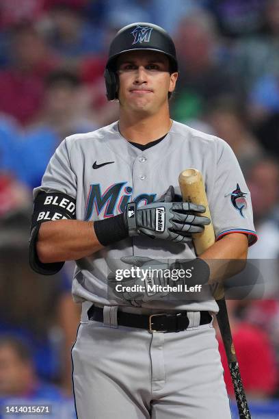 Bleday of the Miami Marlins looks on against the Philadelphia Phillies at Citizens Bank Park on August 9, 2022 in Philadelphia, Pennsylvania.