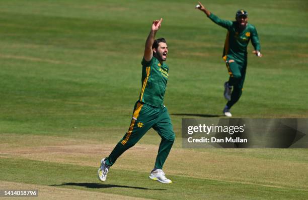 Brett Hutton of Notts Outlaws celebrates taking the wicket of Chris Dent of Gloucestershire during the Royal London Cup match between Gloucestershire...