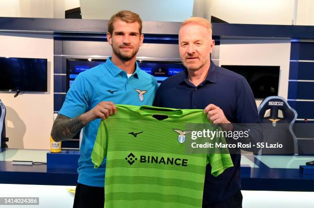 Lazio new signing Ivan Provedel and SS Lazio manager Igli Tare during the press conference at the Formello sport centre on August 10, 2022 in Rome,...