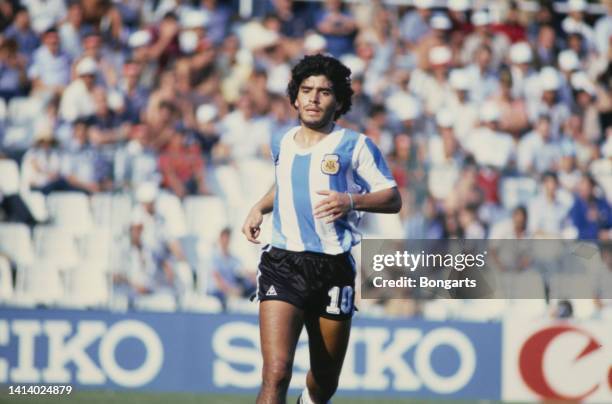 Argentine professional football player Diego Armando Maradona warms-up before a match in the 1982 FIFA World Cup, Spain, Summer 1982.