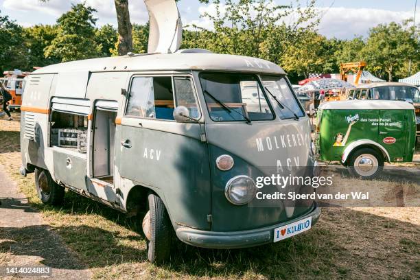 Volkswagen Transporter T1 1950s milk delivery van with rust and patina on display during the classic days event on August 6, 2022 in Düsseldorf,...