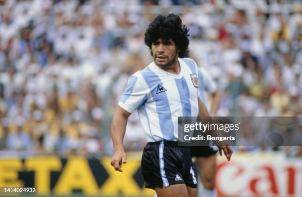 Argentine professional football player Diego Armando Maradona during a match in the 1982 FIFA World Cup, Spain, Summer 1982.