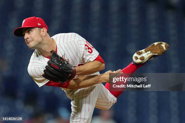 David Robertson of the Philadelphia Phillies throws a pitch against the Miami Marlins at Citizens Bank Park on August 9, 2022 in Philadelphia,...