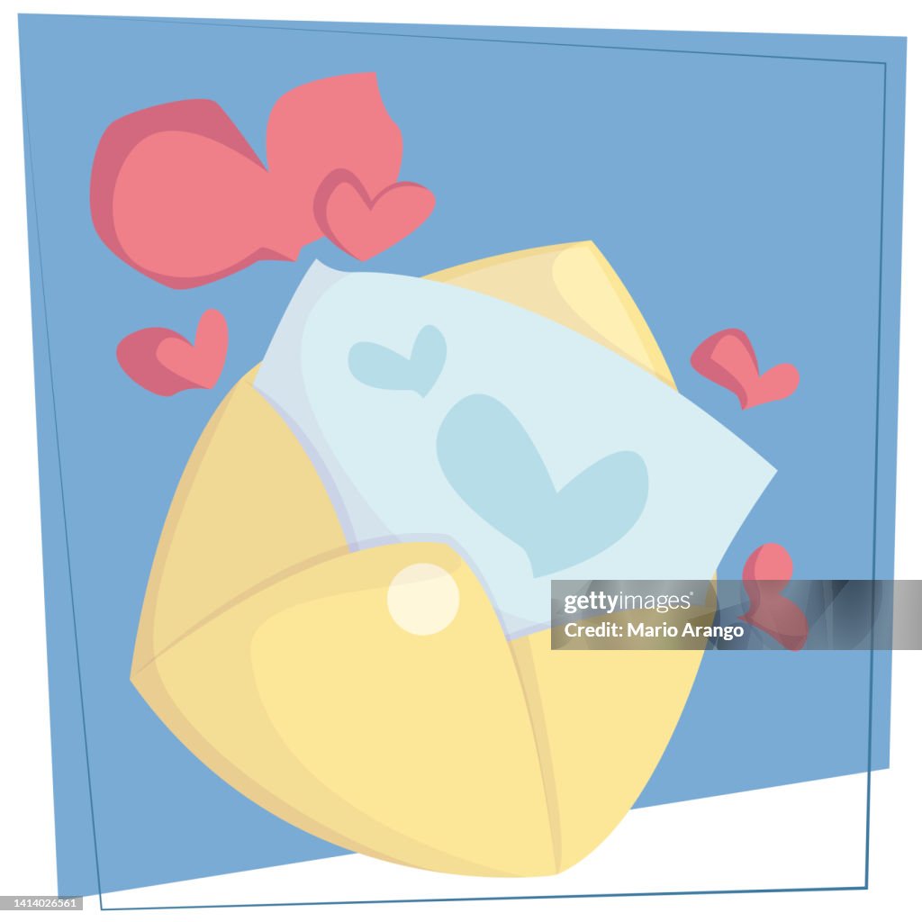 Illustration of an envelope with a letter inside from which many hearts come out