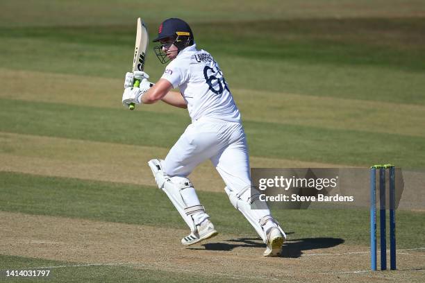 Dan Lawrence of England Lions plays a shot during day two of the tour match between England Lions and South Africa at The Spitfire Ground on August...