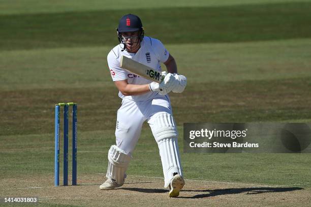 Dan Lawrence of England Lions plays a shot during day two of the tour match between England Lions and South Africa at The Spitfire Ground on August...