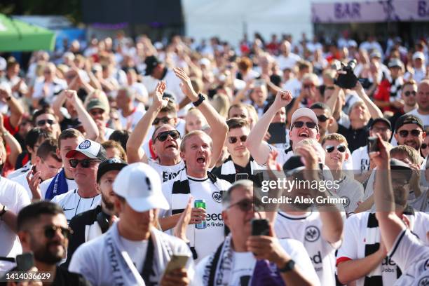 Eintracht Frankfurt fans show their support outside the stadium prior to the Real Madrid CF v Eintracht Frankfurt - UEFA Super Cup Final 2022 at...