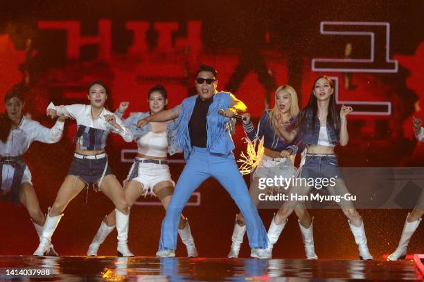 Singer PSY performs on stage during the Seoul Festa 2022 'K-Pop Super Live' concert at Jamsil Sports Complex on August 10, 2022 in Seoul, South Korea.