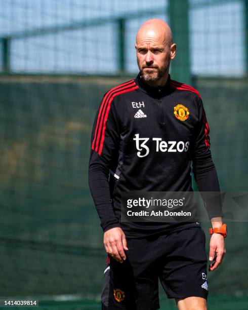 Manager Erik ten Hag of Manchester United in action during a first team training session at Carrington Training Ground on August 10, 2022 in...