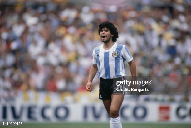 Argentine professional football player Diego Armando Maradona shouts during a match in the 1982 FIFA World Cup, Spain, Summer 1982.
