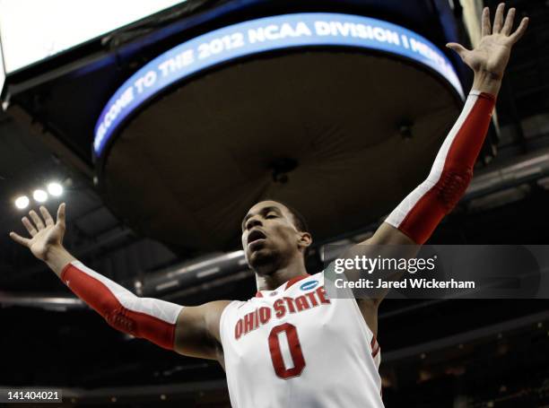 Jared Sullinger of the Ohio State Buckeyes reacts after a play against the Loyola Greyhounds during the second round of the 2012 NCAA Men's...
