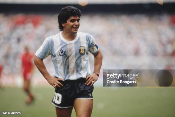 Argentine professional football player Diego Armando Maradona during a match in the 1986 FIFA World Cup 1986, Mexico, June 1986.