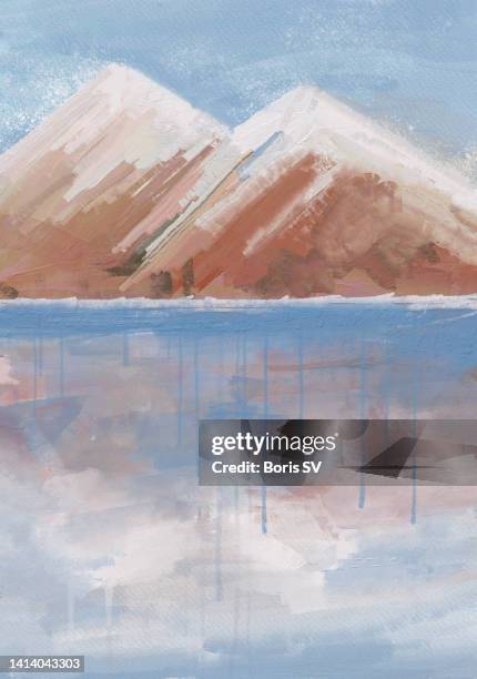 twin snow-capped mountains - mountain oil painting stock pictures, royalty-free photos & images