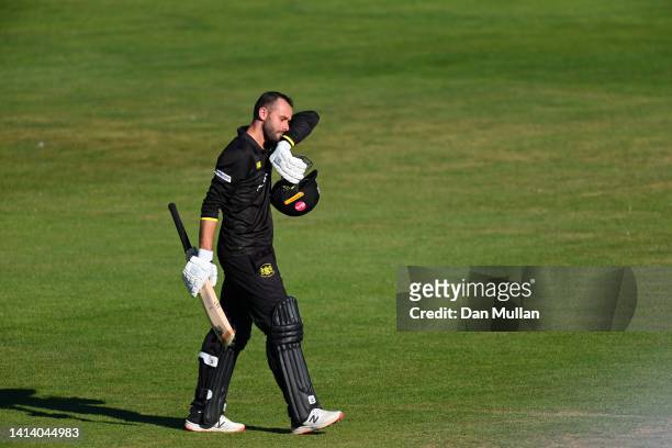 Jack Taylor of Gloucestershire leaves the field dejected after being caught on the boundary on 95 during the Royal London Cup match between...