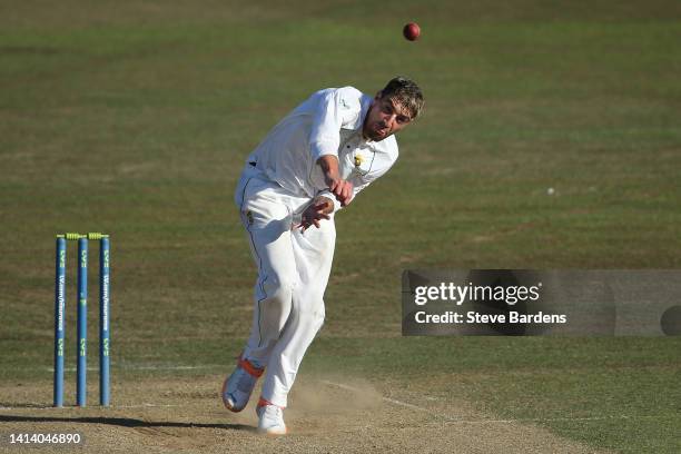 Duanne Olivier of South Africa bowls during day two of the tour match between England Lions and South Africa at The Spitfire Ground on August 10,...