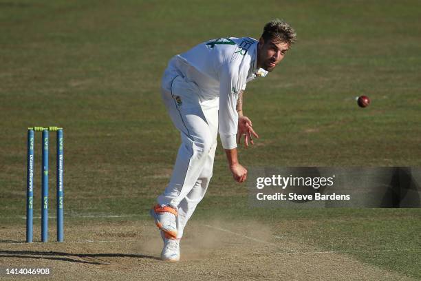 Duanne Olivier of South Africa bowls during day two of the tour match between England Lions and South Africa at The Spitfire Ground on August 10,...