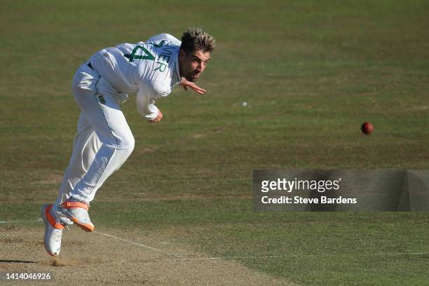 Duanne Olivier of South Africa bowls during day two of the tour match between England Lions and South Africa at The Spitfire Ground on August 10,...