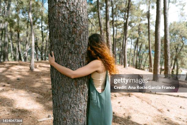 a woman hugging a tree trunkg in the forest - respect nature stock pictures, royalty-free photos & images