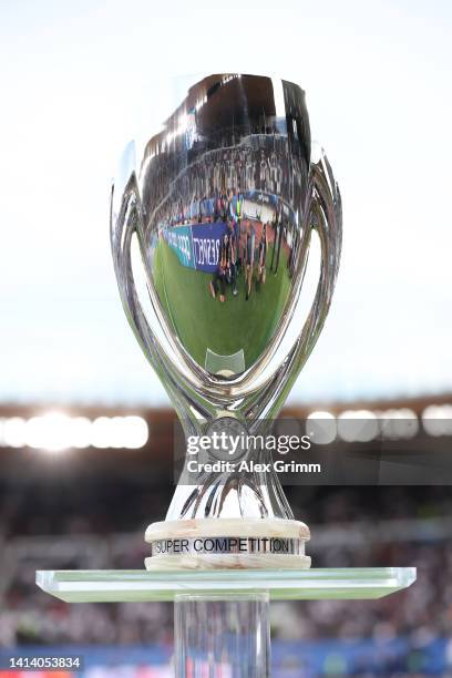 Detailed view of the UEFA Super Cup trophy prior to the Real Madrid CF v Eintracht Frankfurt - UEFA Super Cup Final 2022 at Helsinki Olympic Stadium...