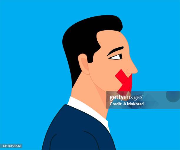 man with closed mouth, silence. - man with tape on lips stock illustrations