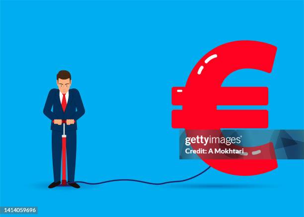 der mensch bläht den euro auf, investitionen, inflation... - 1 euro stock-grafiken, -clipart, -cartoons und -symbole