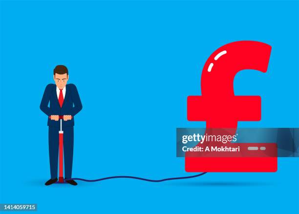 man inflates the british pound, investment, inflation... - british currency stock illustrations