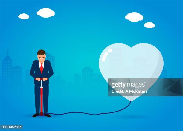 bildbanksillustrationer, clip art samt tecknat material och ikoner med man inflates a heart, love and patient....cardiovascular problem... - blowing up balloon