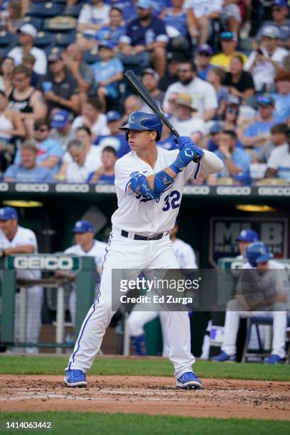 Nick Pratto of the Kansas City Royals bats against the Boston Red Sox in the second inning at Kauffman Stadium on August 6 in Kansas City, Missouri.