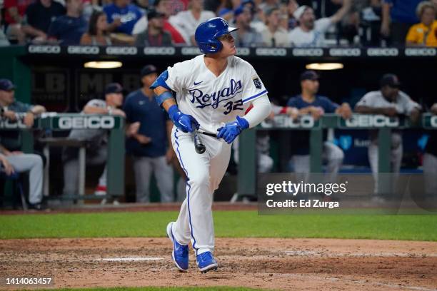 Nick Pratto of the Kansas City Royals hits a walk-off home run in the ninth inning against the Boston Red Sox at Kauffman Stadium on August 6 in...