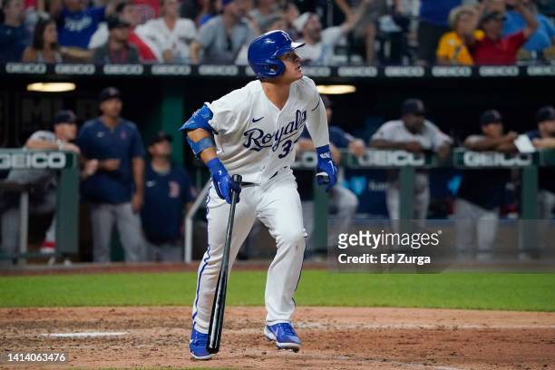 Nick Pratto of the Kansas City Royals hits a walk-off home run in the ninth inning against the Boston Red Sox at Kauffman Stadium on August 6 in...