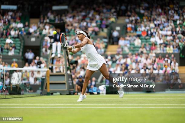 Heather Watson of United Kingdom in action during the Ladies Singles Third round match against Kaja Juvan of Slovenia at The Wimbledon Lawn Tennis...
