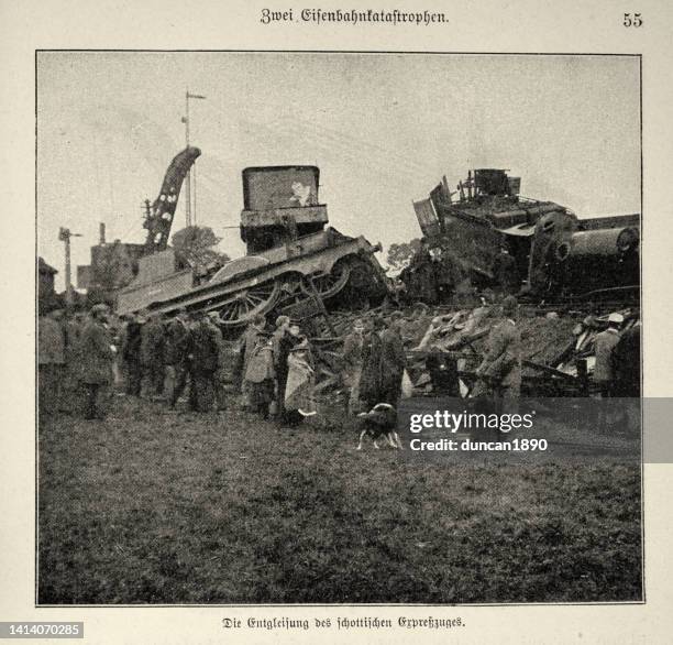 victorian train crash, crowd of people looking at derailed train wreckage, 1890s 19th century - train crash stock illustrations