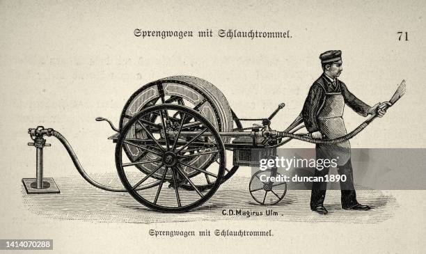 mann mit sprengwagen, gießwagen mit schlauchtrommel, sprinkler, deutsch, 1890er, 19. jahrhundert - feuerwehrschlauch stock-grafiken, -clipart, -cartoons und -symbole