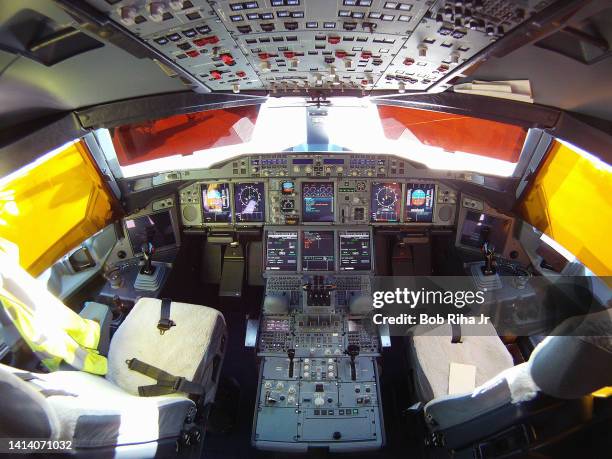 Interior view of Cockpit of a Qantas A380 aircraft at Los Angeles International Airport, June 25, 2009 in Los Angeles, California.