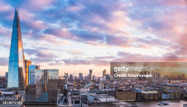 london sunset over the shard thames south bank cityscape panorama - greater london stock pictures, royalty-free photos & images