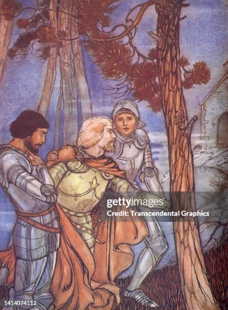 An illustration, from Stephen Southwold's 'Children's Play-Hour Book,' depicts a young King Arthur with two of knights as they kneel at the base of a...