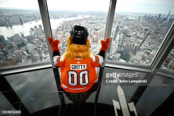 Gritty of the Philadelphia Flyers attends NHL Mascots at The Empire State Building on August 10, 2022 in New York City.