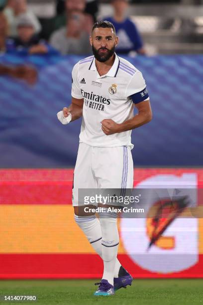 Karim Benzema of Real Madrid celebrates scoring their side's second goal during the UEFA Super Cup Final 2022 between Real Madrid CF and Eintracht...