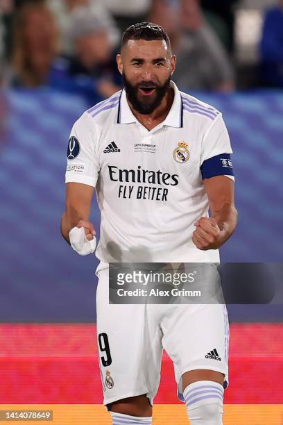 Karim Benzema of Real Madrid celebrates scoring their side's second goal during the UEFA Super Cup Final 2022 between Real Madrid CF and Eintracht...