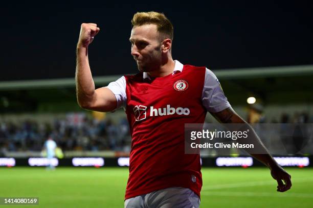 Andreas Weimann of Bristol City celebrates scoring their side's fourth goal during the Carabao Cup First Round match between Coventry City and...
