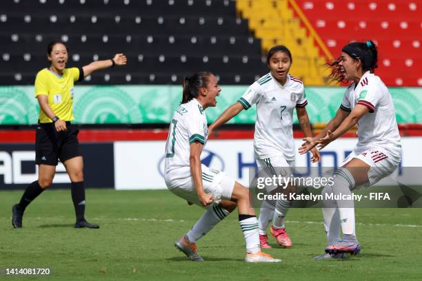 Anette Vazquez of Mexico celebrates her goal with teammates Bridgette Marin and Natalia Mauleon during the first half against New Zealand at...