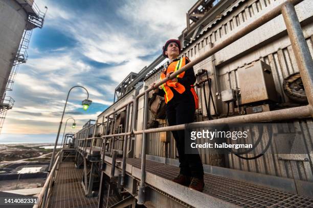 worker at industrial facility looking out at sunset - ventura county stockfoto's en -beelden
