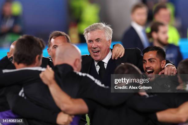 Carlo Ancelotti, Head Coach of Real Madrid, celebrates after the final whistle of the UEFA Super Cup Final 2022 between Real Madrid CF and Eintracht...