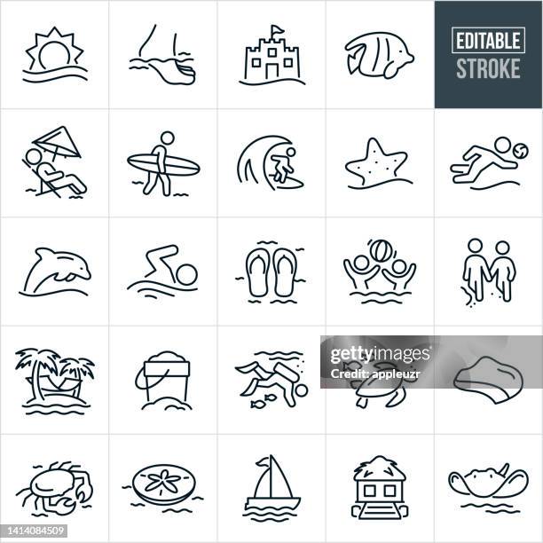 ilustraciones, imágenes clip art, dibujos animados e iconos de stock de iconos de línea delgada de playa - trazo editable - juego de voleibol de playa