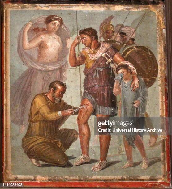 Roman Fresco depicting Aeneas wounded as he gazes at his mother Aphrodite, his son Ascanius is crying; a doctor treats his wounds, by an unknown...
