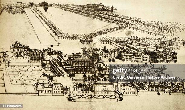 Bird's eye view of Whitehall, Arlington House, St James's Park and St James's Palace. Illustration by Leonard Knyff. Leonard Knyff or Leendert Knijff...