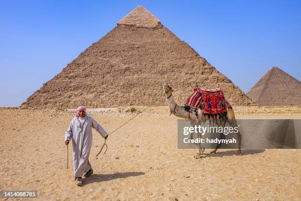 beduinen und die pyramide, gizeh, ägypten - cheopspyramide stock-fotos und bilder