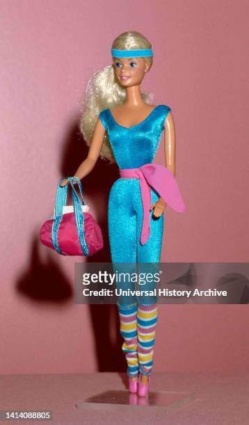 Barbie doll in an aerobics outfit of lycra and leg warmers, circa 1985. Barbie is a fashion doll manufactured by the American toy company Mattel,...