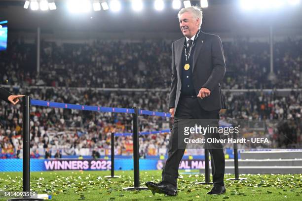 Carlo Ancelotti, Head Coach of Real Madrid looks on after their sides victory during the UEFA Super Cup Final 2022 between Real Madrid CF and...