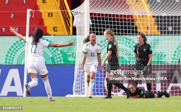 Anette Vazquez of Mexico celebrates after scoring the second goal against New Zealand at Alejandro Morera Soto on August 10, 2022 in Alajuela, Costa...